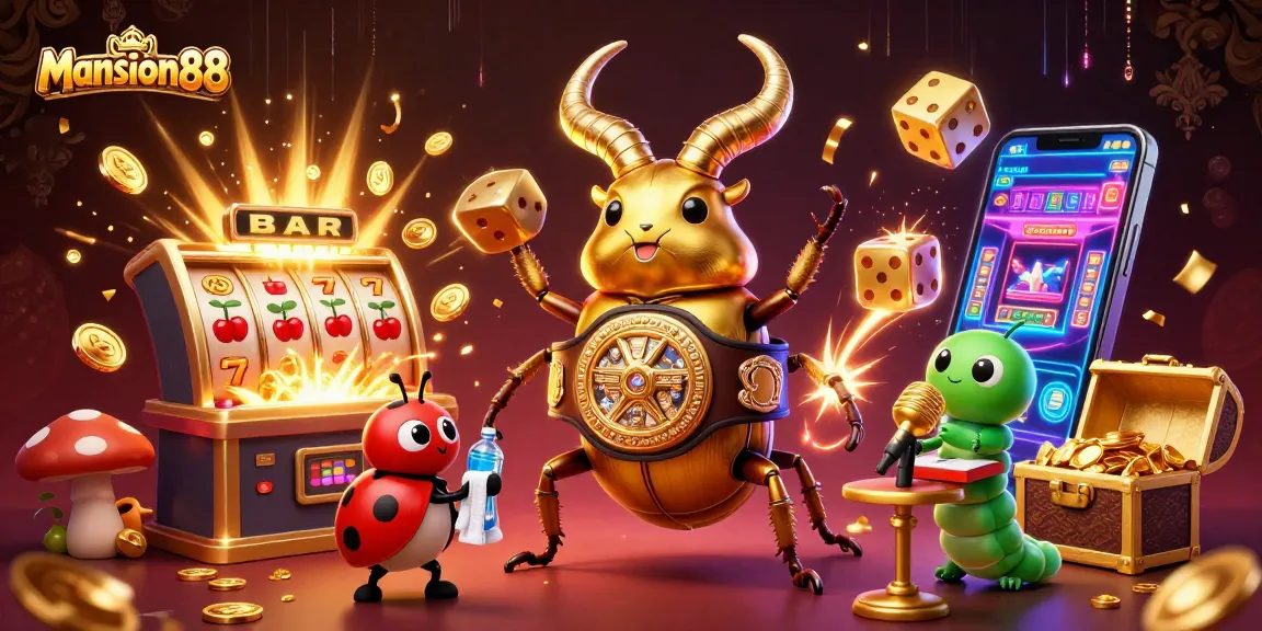 Mansion88 showcases a vibrant casino scene with a giant stag beetle champion, thrilling jackpot effects, and colorful game elements.
