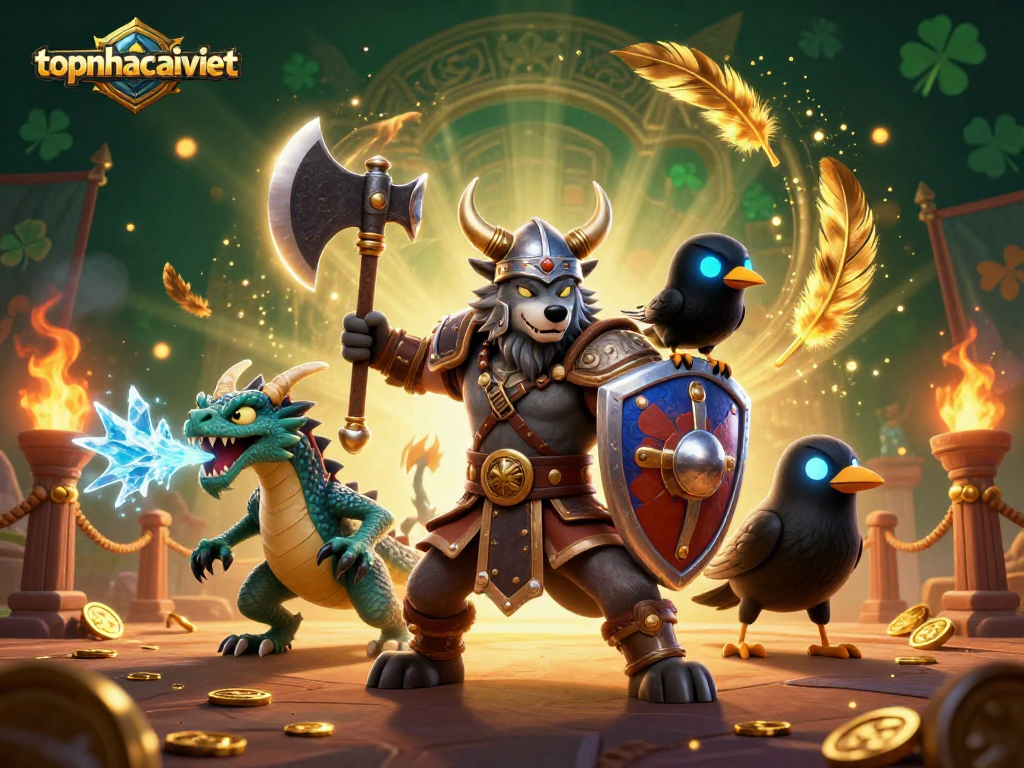Engage in thrilling battles at topnhacaiviet, where a Viking wolf warrior and dragon lead the action.