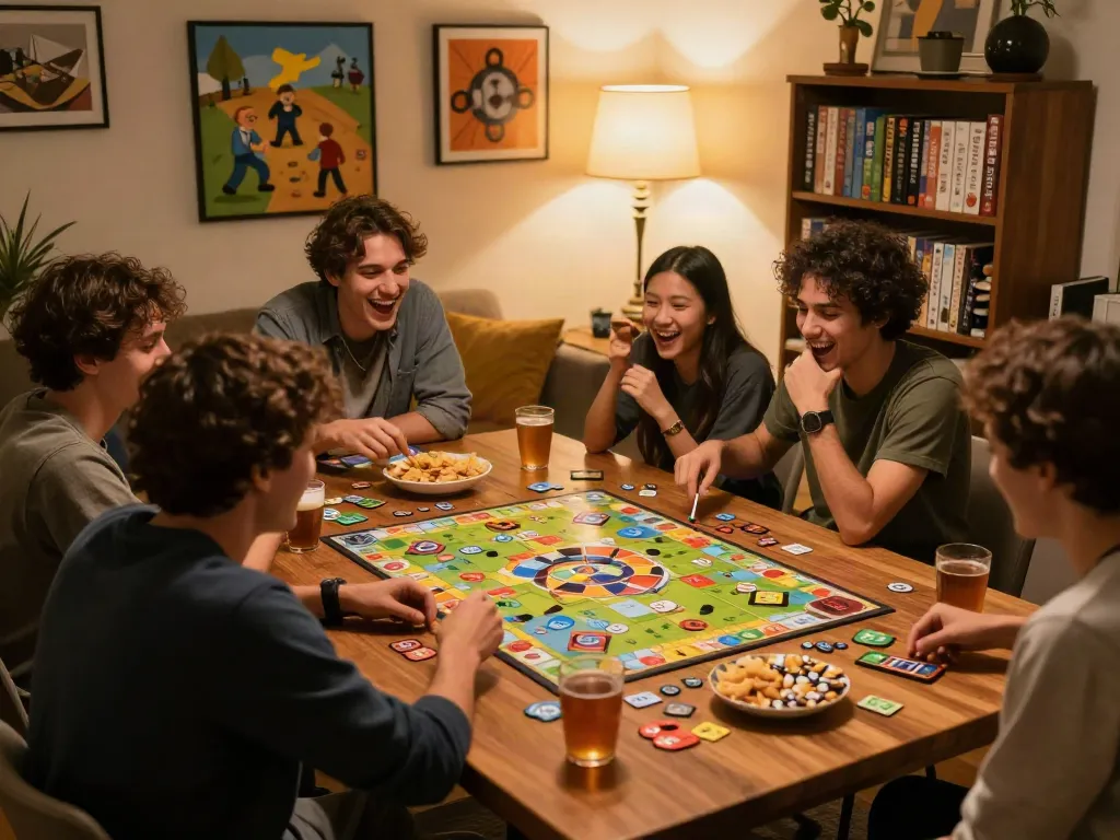 Cialis game night with friends enjoying lively board games and snacks.