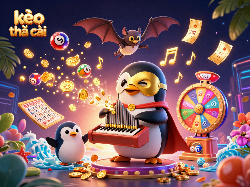 Engage with kèo nhà cái through a vibrant 3D illustration showcasing a penguin organist, colorful lottery elements, and casino excitement.