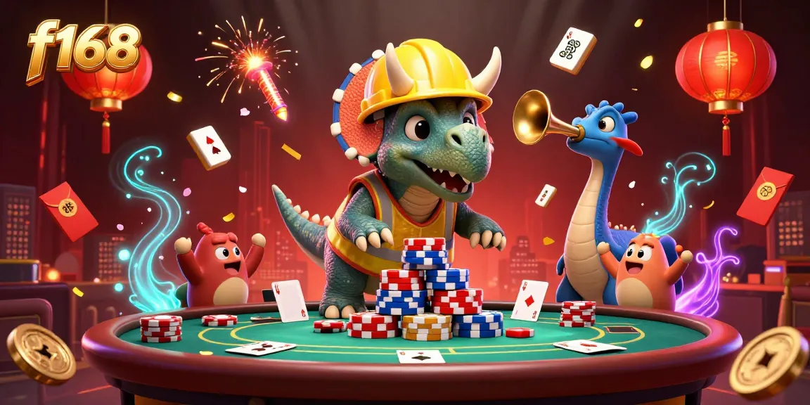Experience the excitement of f168 with a dynamic 3D scene featuring a triceratops and casino elements.