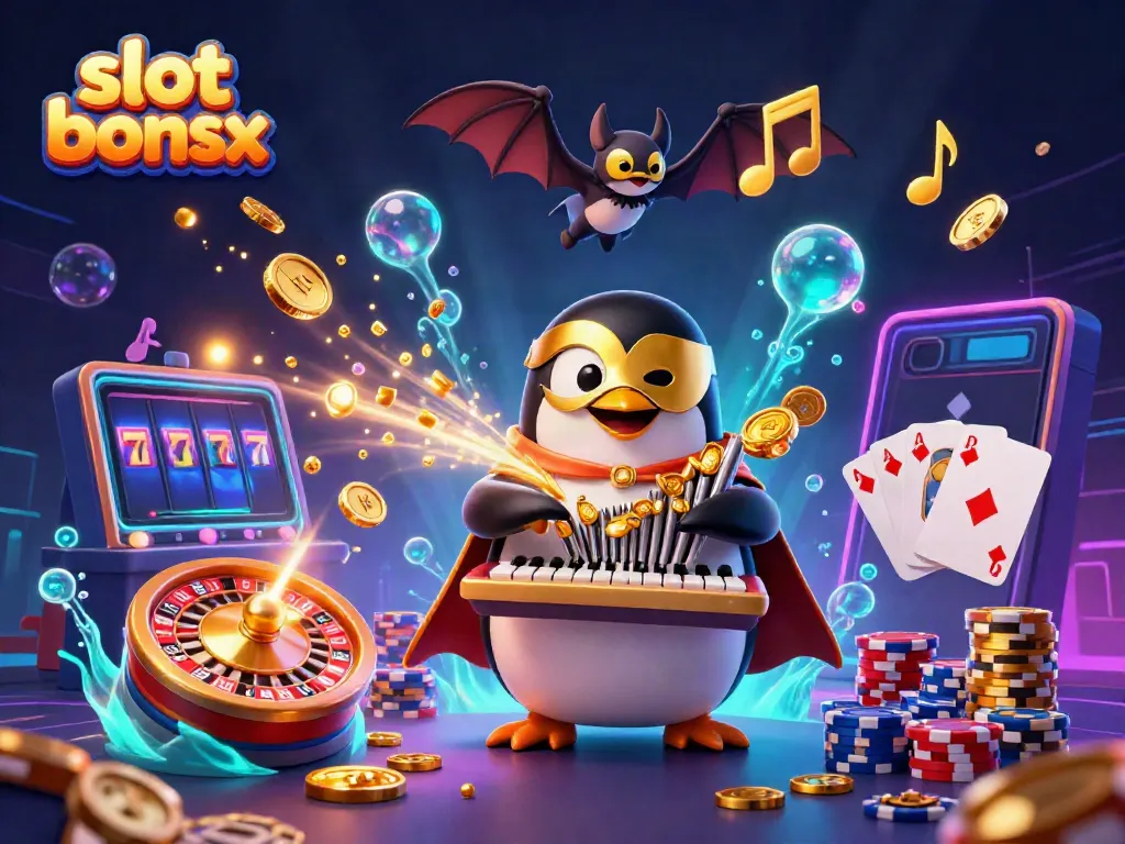 Experience thrilling slot bonus gameplay with a dynamic scene of a golden mask penguin generating winning coins.