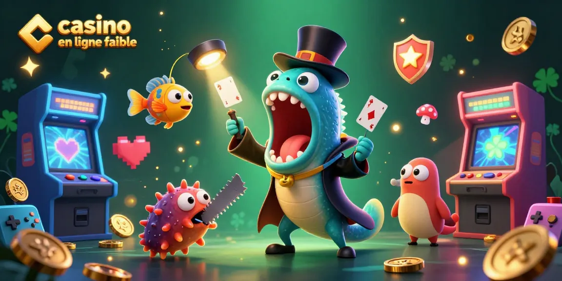 Illustration ludique mettant en scène un casino en ligne fiable avec un poisson-lanterne et une anguille goulpeuse, entourés de machines à sous colorées.