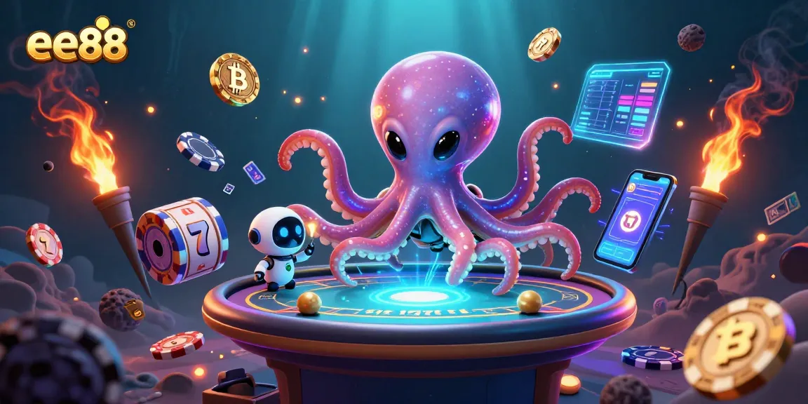 Engage with ee88's vibrant 3D gambling scene featuring an alien octopus at a poker table.