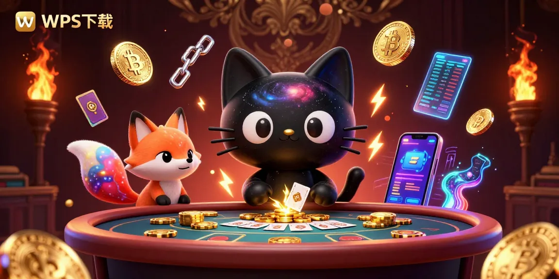 WPS下载在赌场场景中吸引黄金筹码的黑洞猫，与迷人的气体云狐狸交互，展示了奇妙的游戏体验。
