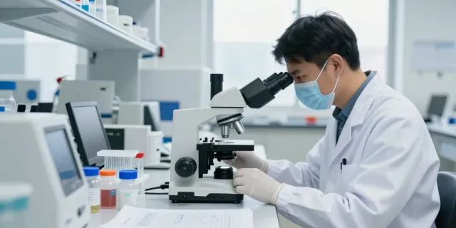 Researcher studying SwissChem peptides in a modern lab.