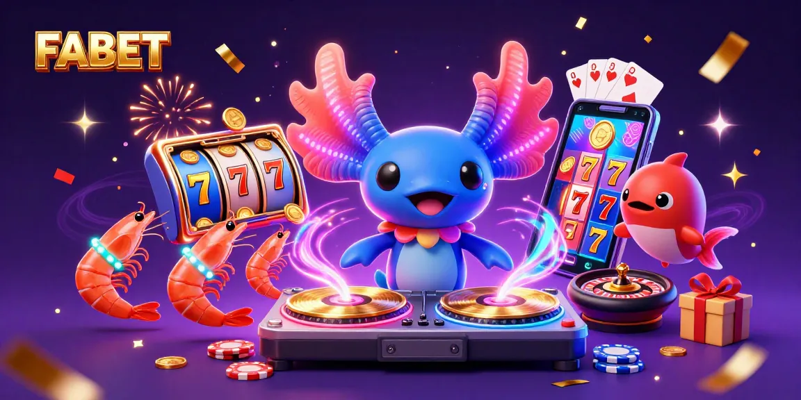 Engage with FABET's vibrant casino scene featuring a DJ axolotl and lively characters.