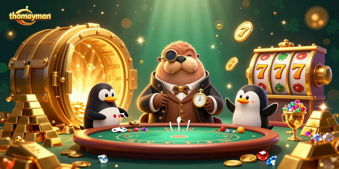 Engage with thomayman slots featuring jolly walrus at a poker table amidst gold and jewels.
