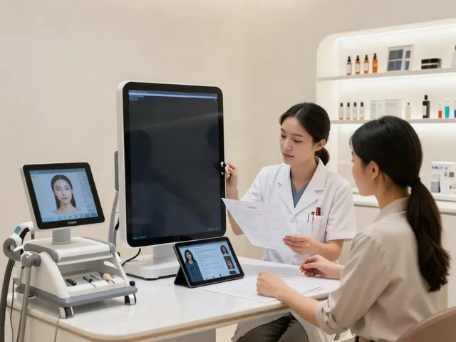 Alternatives to QOVES analysis scene with aesthetic specialist and client in modern clinic.