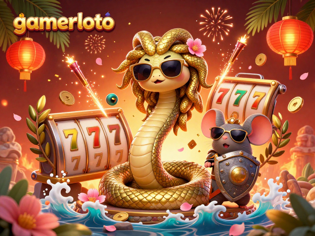 Win big with gamerloto in this vibrant 3D casino illustration featuring a friendly Medusa and a warrior mouse.