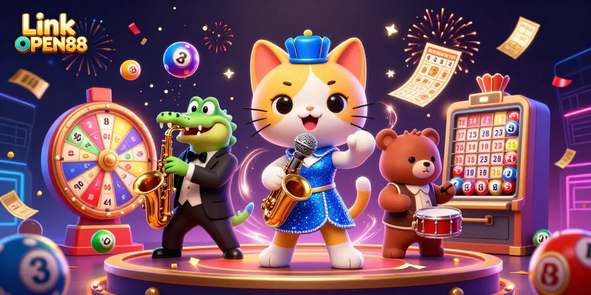 Join the excitement at Link OPEN88 with vibrant illustrations of fun casino characters and lottery elements.