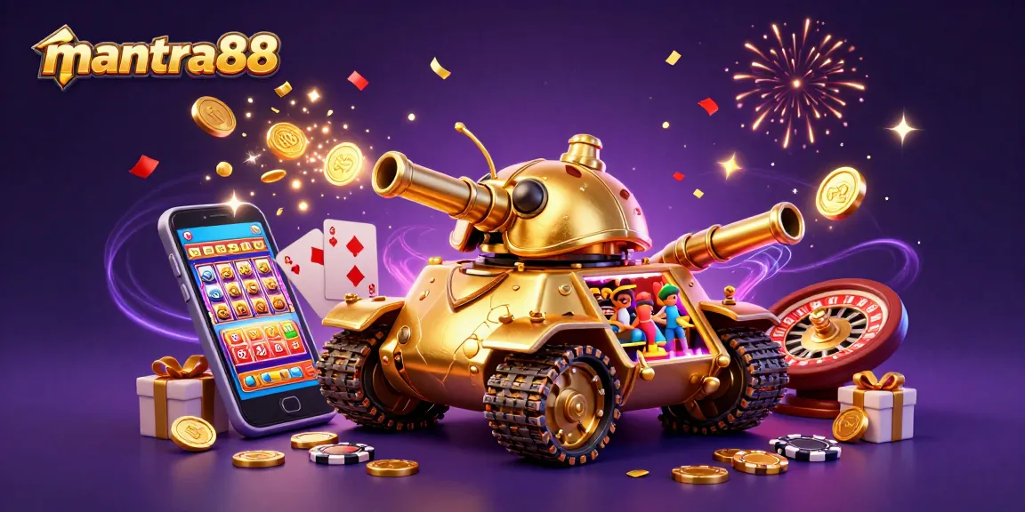 Engage with the dynamic mantra88 casino scene showcasing a golden beetle tank, slot games, and festive elements.
