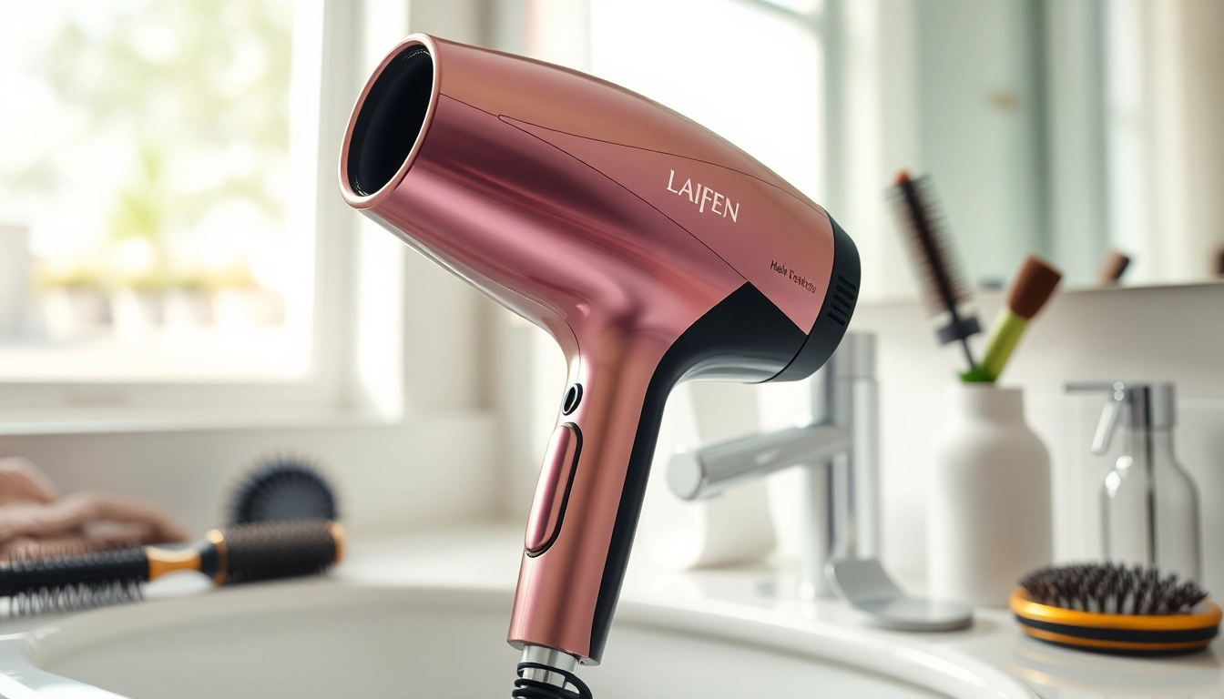 Laifen hair dryer beautifully displayed on a vanity with accessories, emphasizing style and functionality.