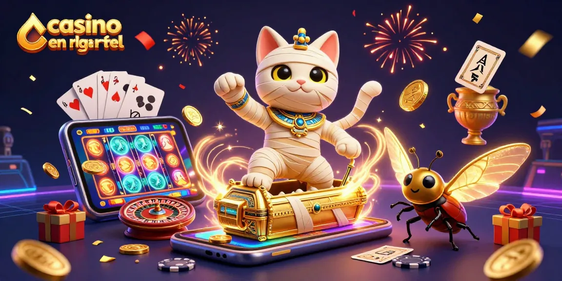 Célébrez le casino en ligne argent réel avec une illustration dynamique d'un chat momie égyptien dans une scène d'excitation.
