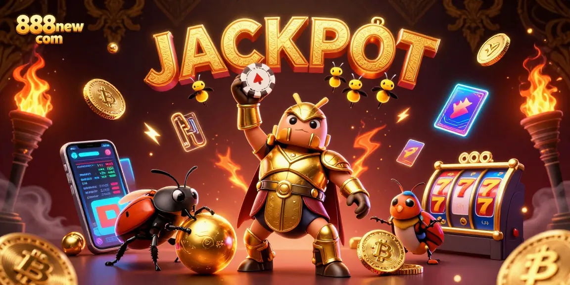Join the excitement at 888new com with a victorious beetle celebrating a jackpot amidst dynamic casino elements.