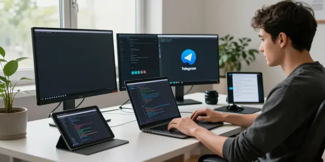 Developer coding Telegram下载 app on multiple screens in a modern workspace.