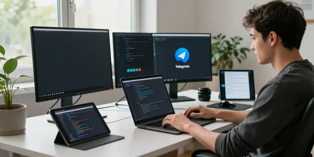 Developer coding Telegram下载 app on multiple screens in a modern workspace.
