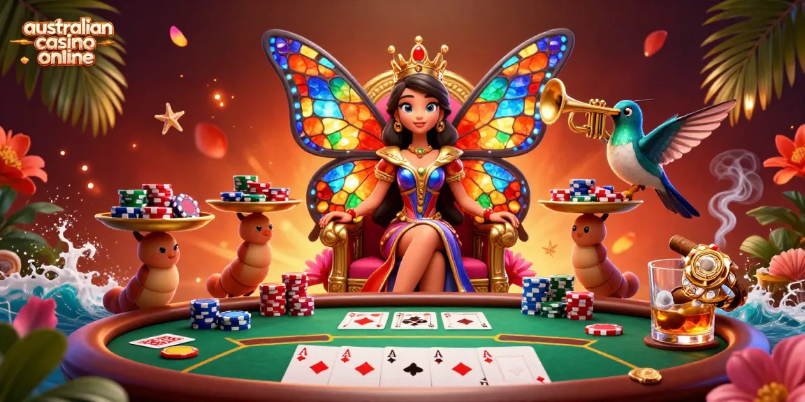 Experience vibrant gaming at an australian casino online with a butterfly queen amidst poker visuals.