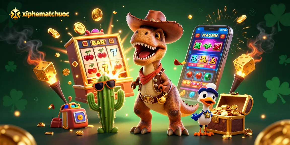 xiphematchuoc challenges players with exciting slots, cowboy dino, and jackpot explosions in a vibrant casino scene.