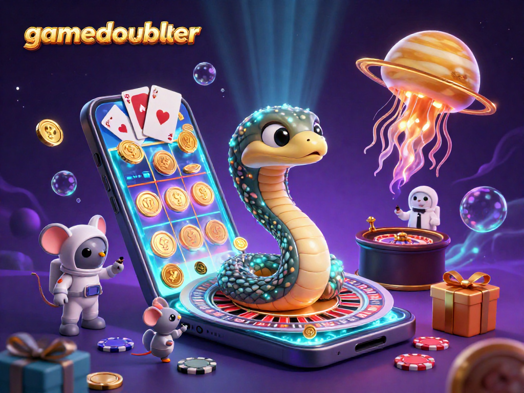 Experience gamedoubler’s engaging slots and games with astronauts and a cosmic dealer in a vibrant casino scene.
