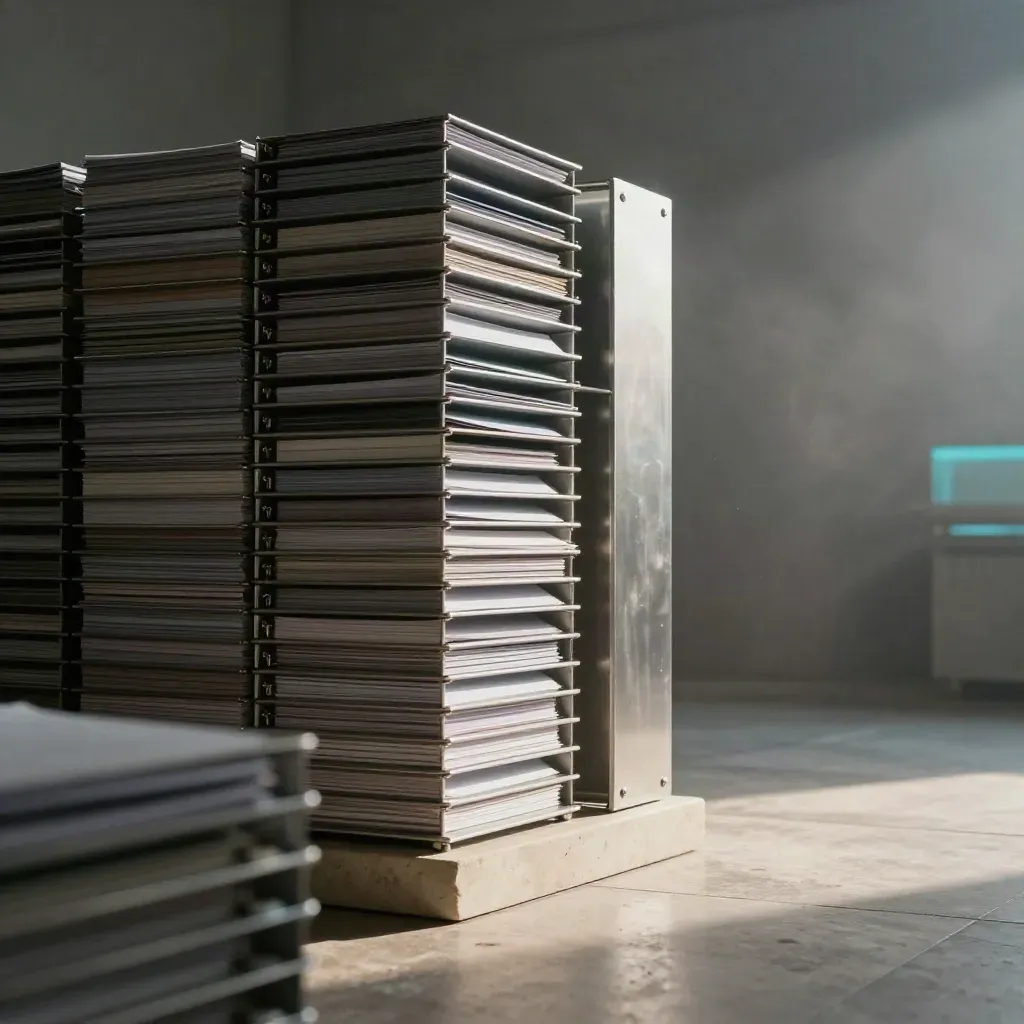 Brushed-aluminum inbox trays and archival sleeves on stone in cool misty light.