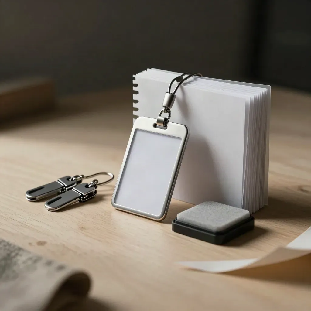 Badge sleeves, lanyard clips, file dividers, and a stamp pad on pale wood with dark bokeh.