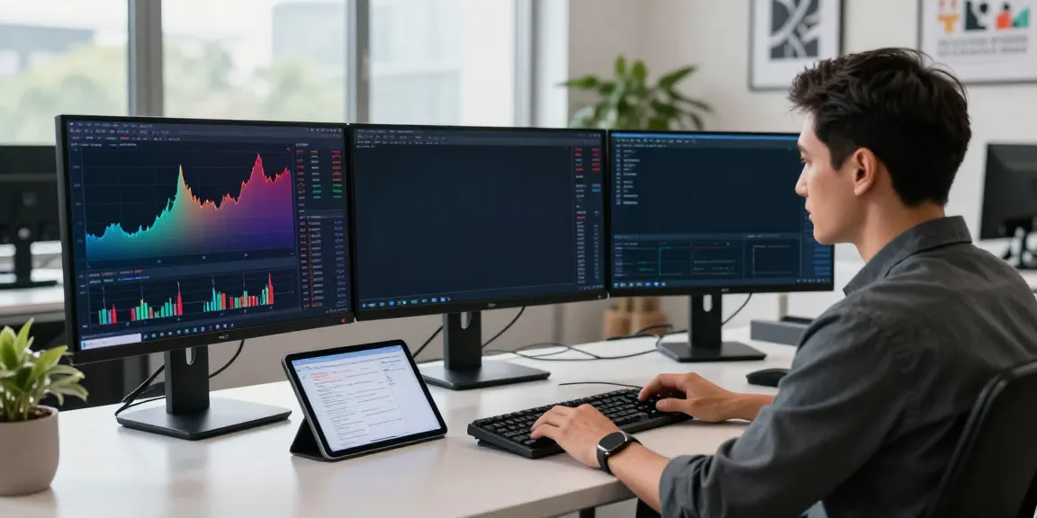 Trader using TradingView in a modern trading environment with multiple screens displaying charts and market data.