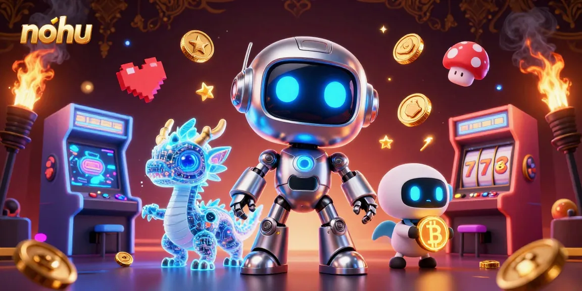 Nohu themed casino illustration showcasing a futuristic robot with a dragon and bitcoin drone amid vibrant slot machines.
