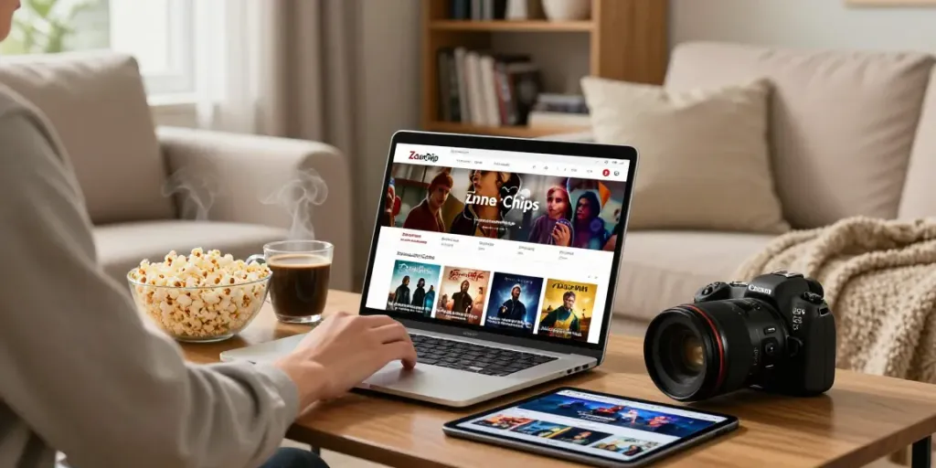 Person exploring ZoeChip while relaxing at home with popcorn and coffee.