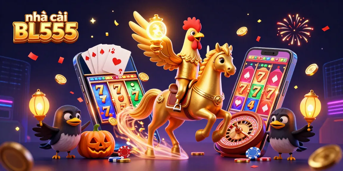 Play dynamic casino games at nhà cái BL555, featuring exciting elements like spinning slots and golden coins.