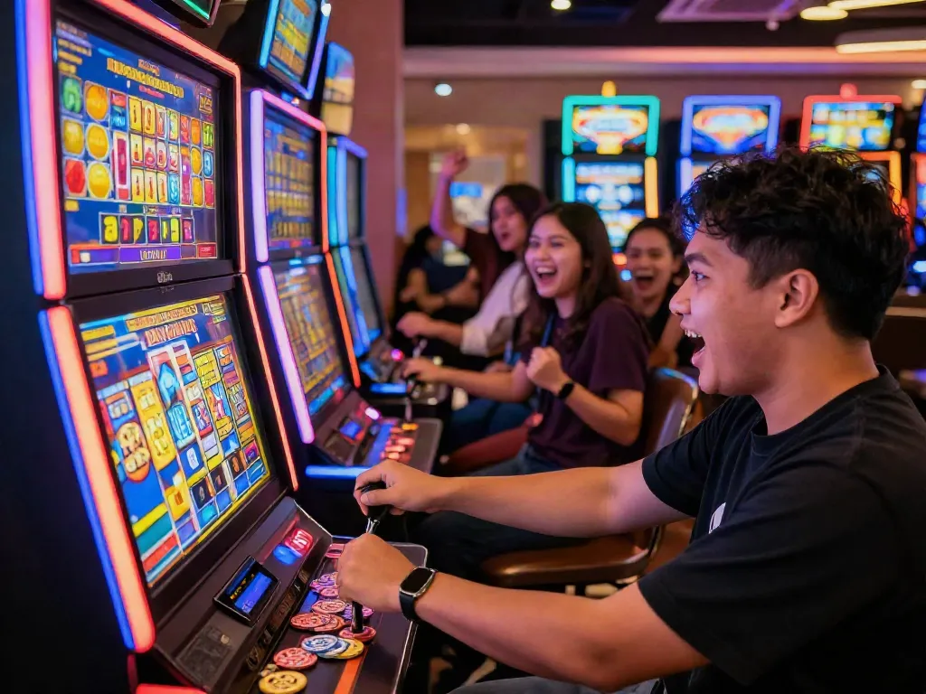 Slot gacor gaming experience with a player enjoying vibrant casino atmosphere.