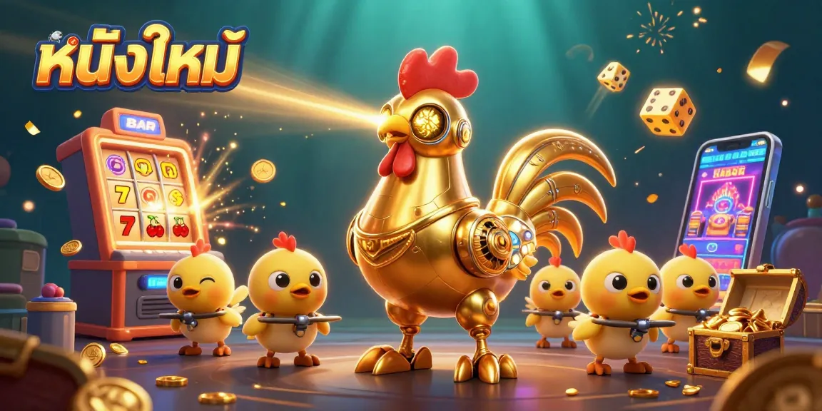 ดูหนังใหม่ด้วยภาพ 3D ที่มีหุ่นยนต์ไก่ทองและสัญลักษณ์คาสิโน