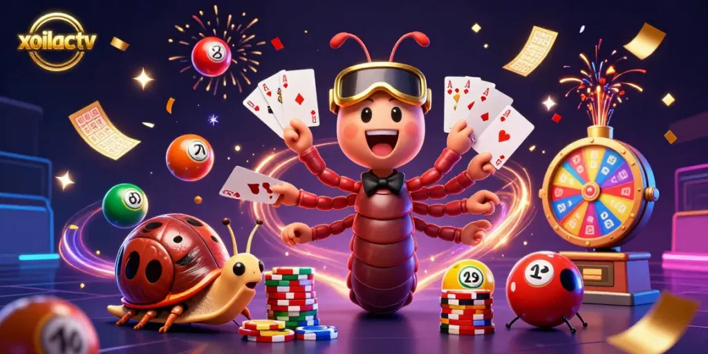 Xoilactv showcases a vibrant cartoon scene with a millipede dealer and lively gambling action, emphasizing excitement.