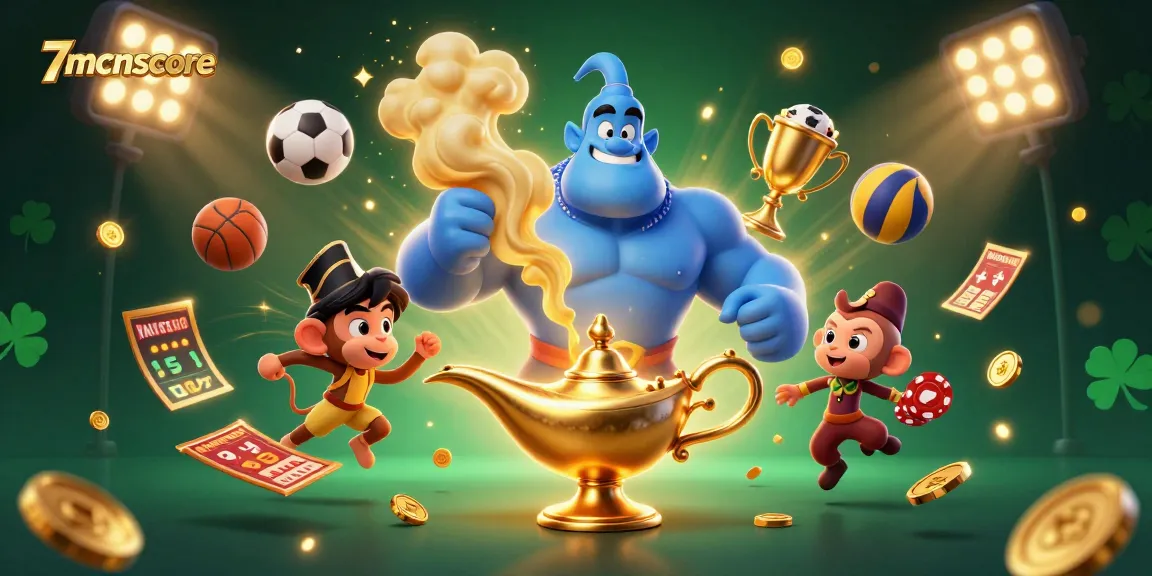 Experience 7mcnscore with a vibrant casino scene featuring a genie, monkey, and sports betting elements.