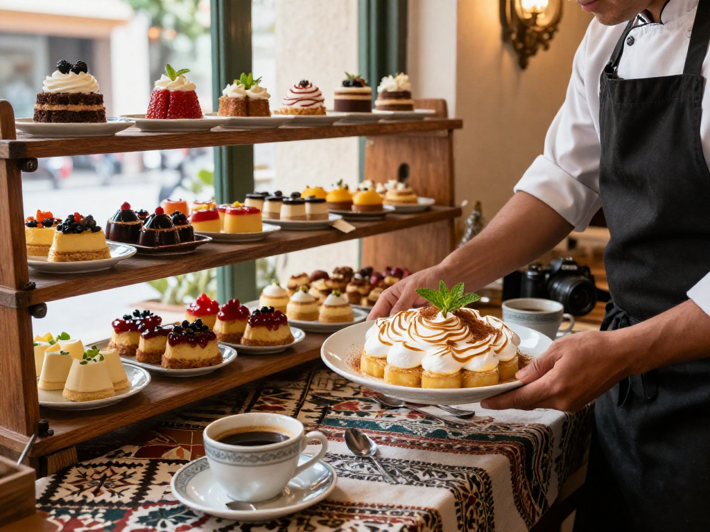 Experience the best suspiro a la limena near me, beautifully plated in a cozy cafe setting.
