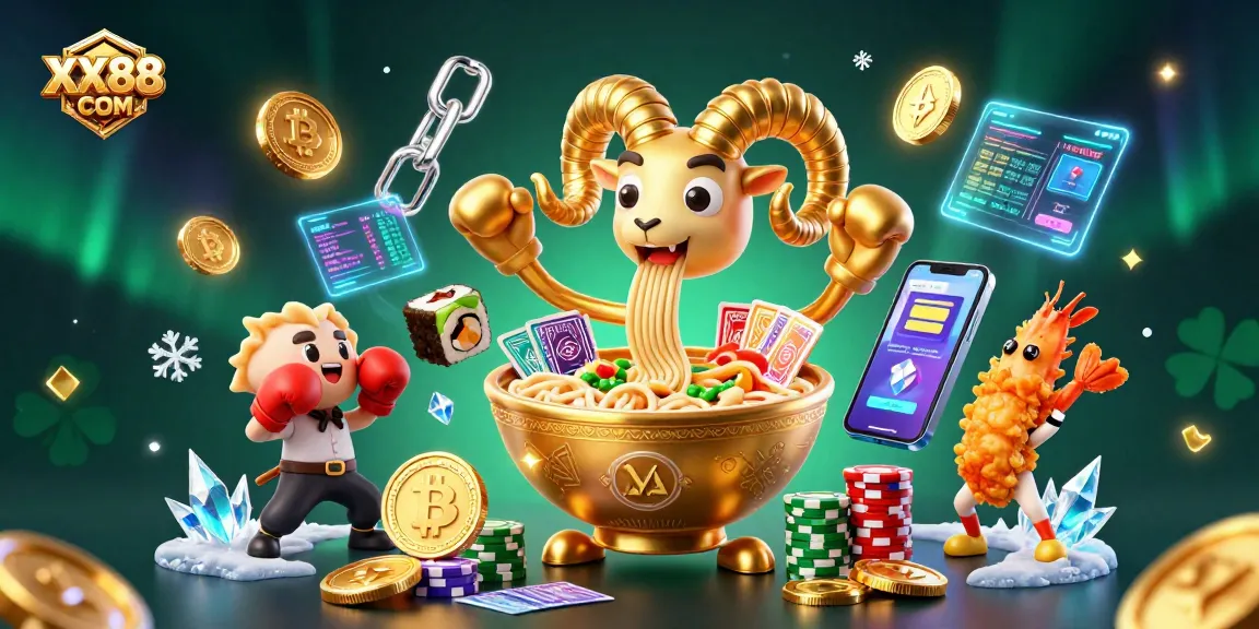 Join the action at XX88 COM with a vibrant casino scene featuring a golden ramen bowl, crypto coins, and dynamic characters.