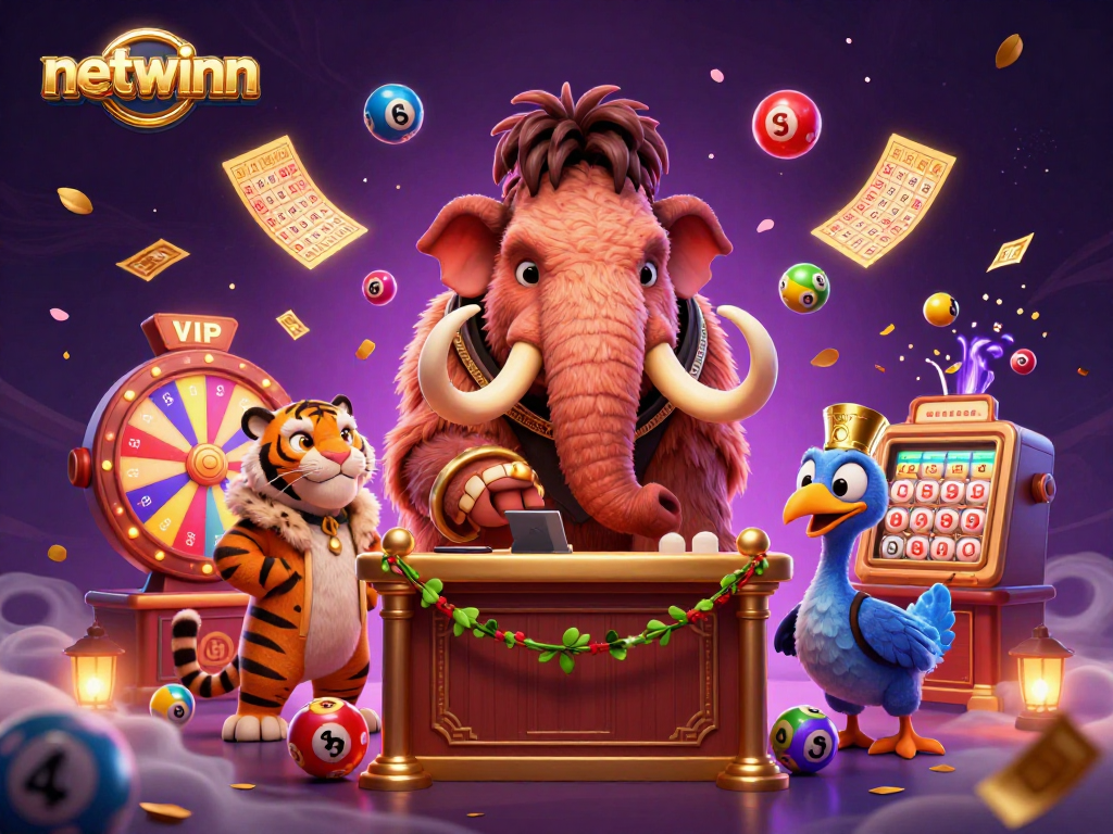 Netwinn's vibrant casino scene featuring a mammoth bouncer, a VIP saber-tooth, and a dodo doorman.