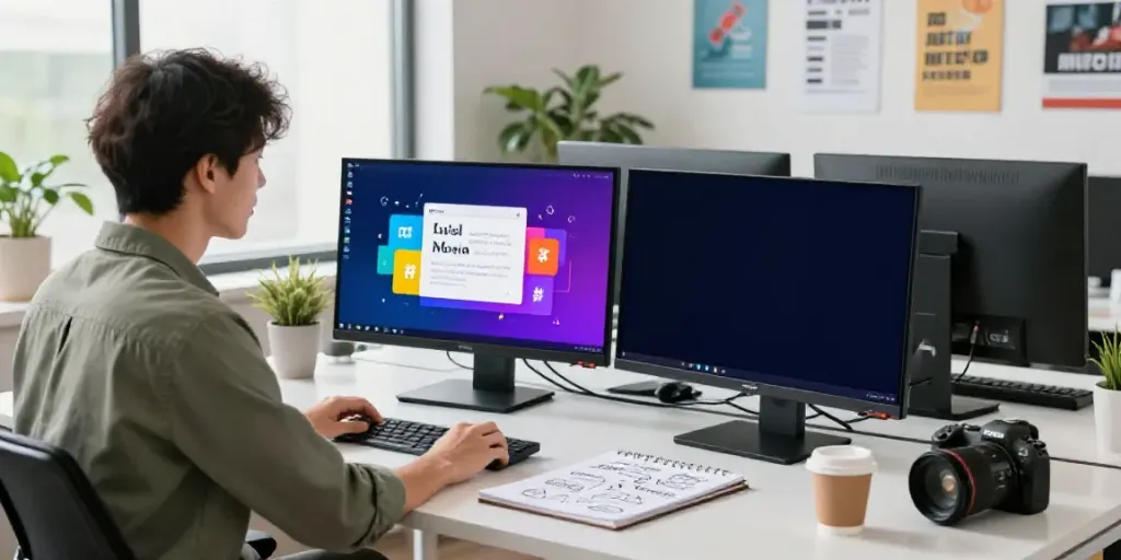 Engaging workspace showcasing AI tools for social media captions, featuring a professional brainstorming ideas.