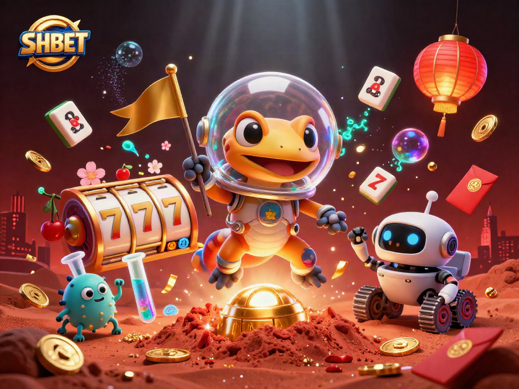 SH BET showcases a vibrant Martian casino scene with golden spins and lively game elements.