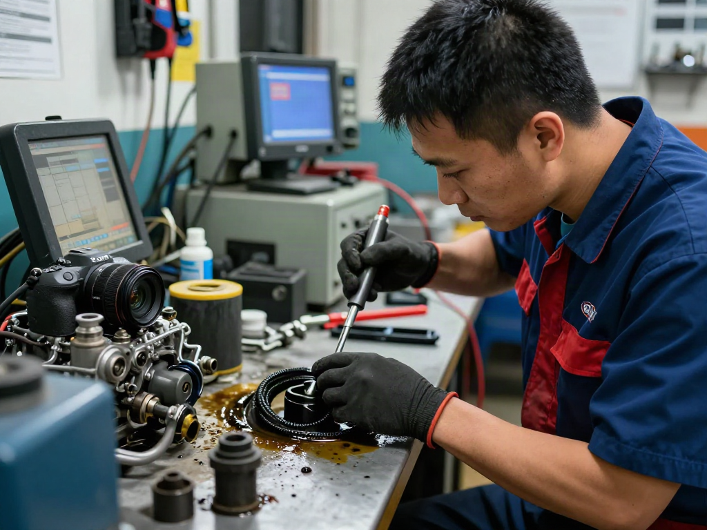 Mechaniker reinigt einen DPF in einer gut beleuchteten Werkstatt.