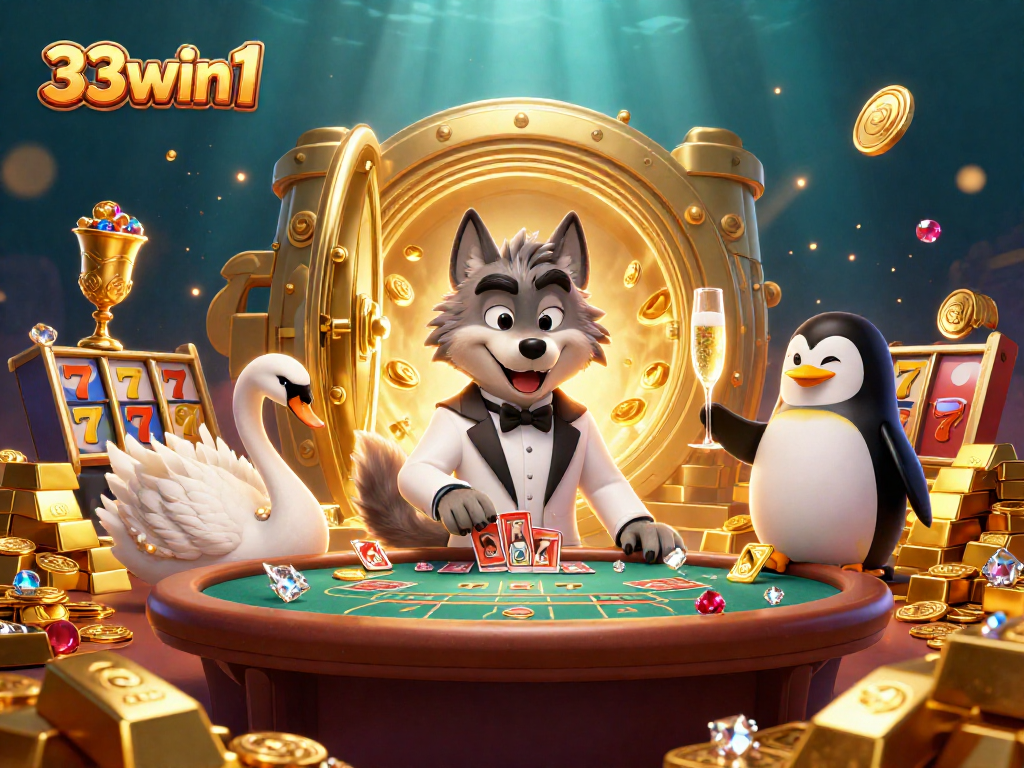 33win1 showcases a whimsical casino scene with rich characters, dynamic card dealing, and vibrant slots.
