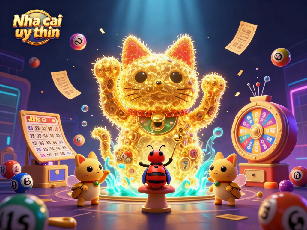 Nha cai uy tin showcases a vibrant world of golden fireflies forming a lucky cat amidst dynamic casino symbols and lottery elements.