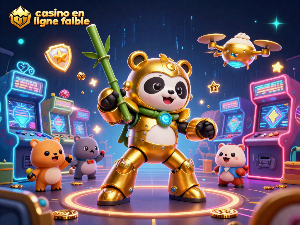 Visuel captivant d'un casino en ligne fiable avec panda doré en mecha, jeux arcade animés.