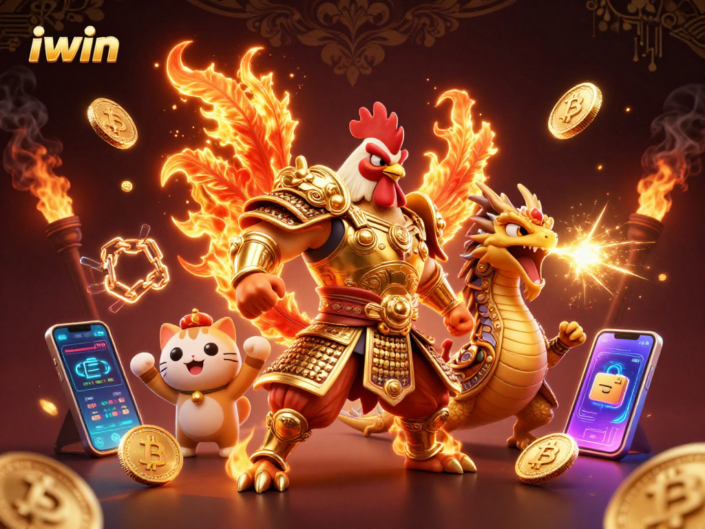 Engage with iwin in an electrifying 3D cartoon scene featuring a rooster warrior, dragon, and crypto elements.