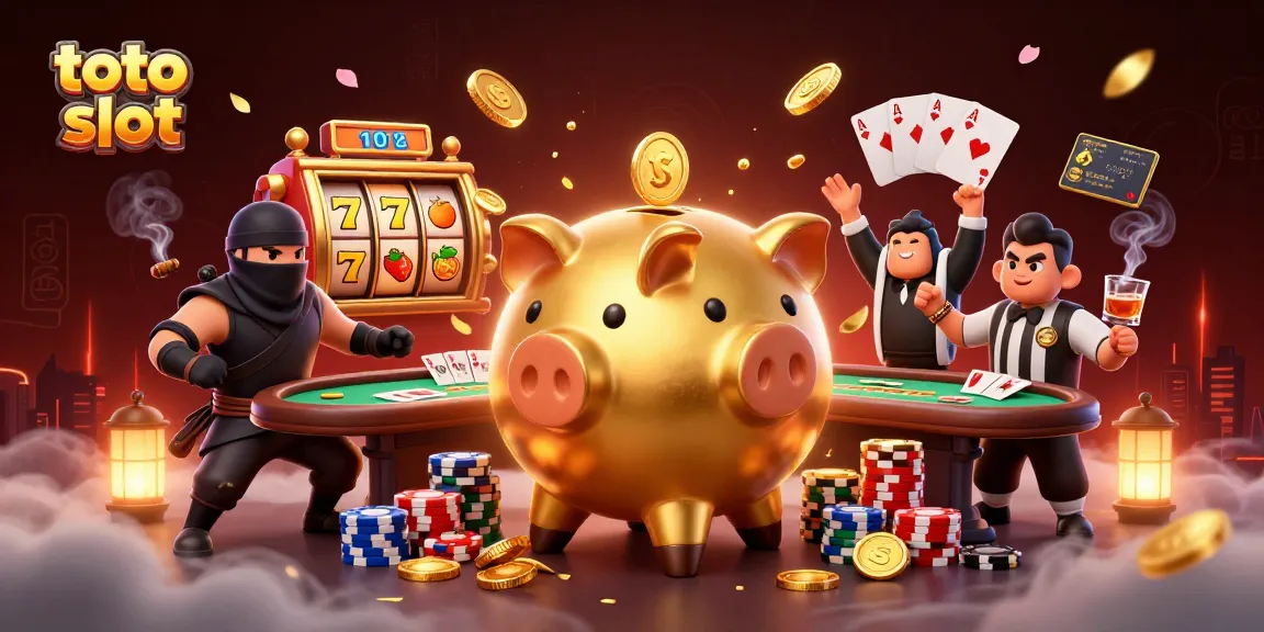 Experience thrilling toto slot action with a dynamic casino illustration featuring golden piggy bank sumo and more.