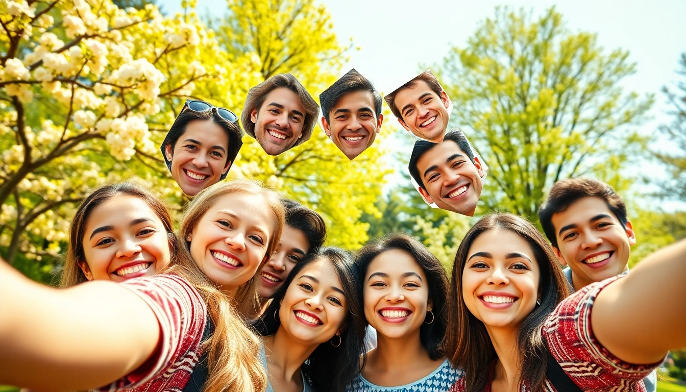 Create a dynamic selfie mosaic showcasing diverse people in a joyous park atmosphere.