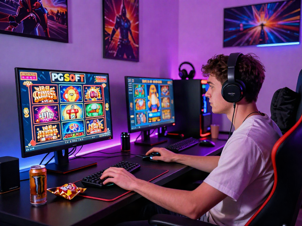 Engaged player enjoying Slot MAHJONGJP88 games on a high-tech gaming setup.