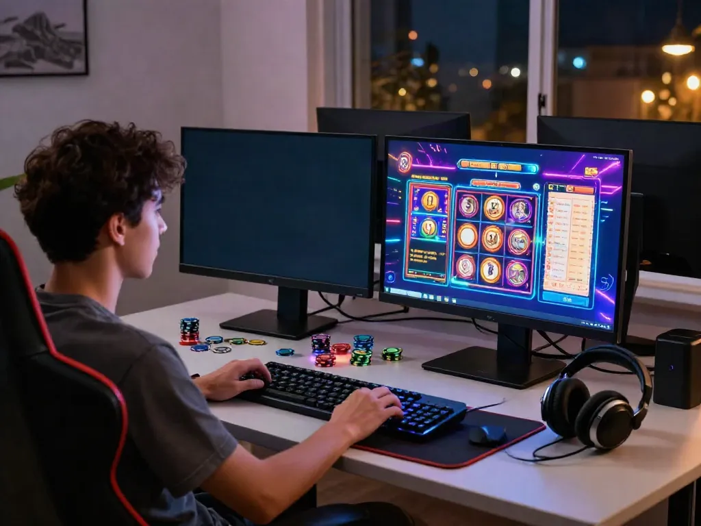 Koitoto online gaming setup with vibrant slot games, tokens, and cozy atmosphere.