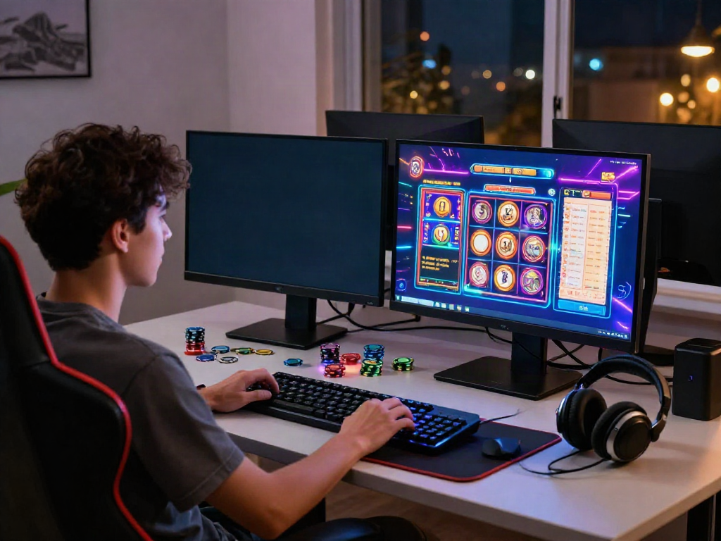 Koitoto online gaming setup with vibrant slot games, tokens, and cozy atmosphere.