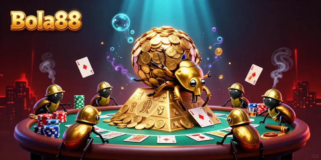 Bola88 showcases a cartoon golden dung beetle rolling coins, surrounded by dynamic gaming elements.